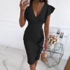 Short-sleeve V-neck Ruffled-trim Mini Bodycon Dress