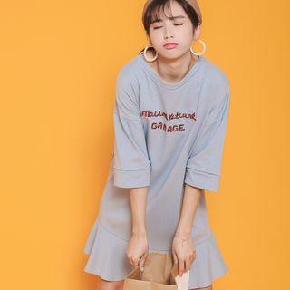 3/4-sleeve Lettering Ruffle A-line Dress