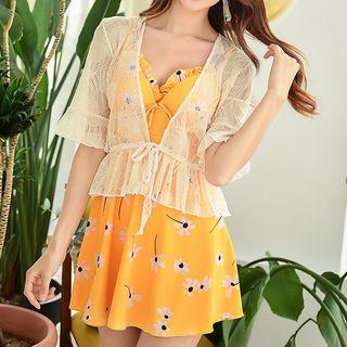 Set: Printed Swim Dress + Bell-sleeve Cover-up