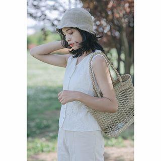 Sleeveless Lace Buttoned Top Beige - One Size