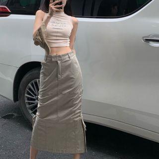 Semi Turtleneck Lettering Crop Top / High-waist Plain Slit Cargo Skirt