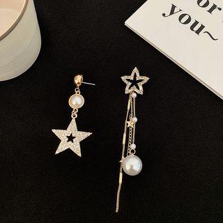 Non-matching Rhinestone Faux Pearl Fringed Earring 1 Pair - Steel - As Shown In Figure - One Size