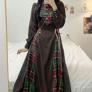 Long-sleeve Plaid Panel Corduroy Midi Dress Plaid Panel - Black & Green & Red - One Size