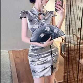 Cap-sleeve Floral Mini Qipao Dress