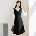 Inset Faux-pearl Button Blouse Sleeveless Dress