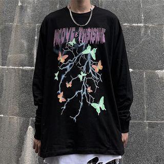 Butterfly-print Lettering Long-sleeve T-shirt