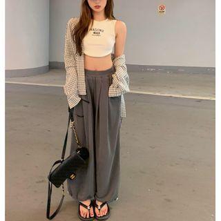 Printed Crop Tank Top / Checker Loose-fit Light Shirt / Drawstring Loose-fit Sweatpants
