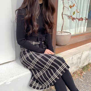 Mock-neck Patterned Midi Knit Dress With Sash Black - One Size