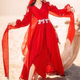Puff-sleeve Ruffled Midi A-line Dress / Hooded Scarf / Lace Belt / Chain Belt / Set