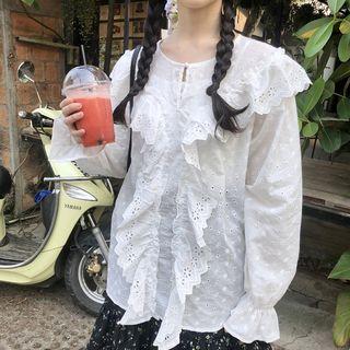 Eyelet Lace Ruffled Blouse / Floral Print Mini A-line Skirt