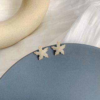 Faux Pearl Starfish Earring 1 Pair - White & Gold - One Size