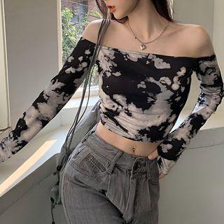 Long-sleeve Off-shoulder Tie Dye T-shirt / Mini Sheath Dress