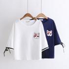 Elbow-sleeve Fox Embroidered T-shirt