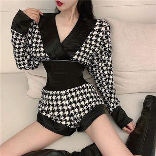 V-neck Houndstooth Top / High-waist Patterned Hot Pants