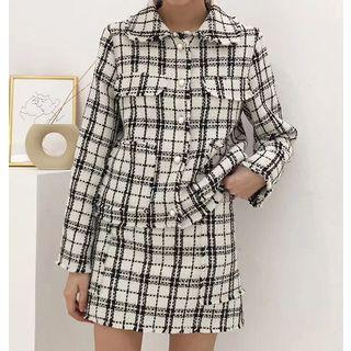 Plaid Faux Pearl Button Jacket Plaid - Black & White - One Size
