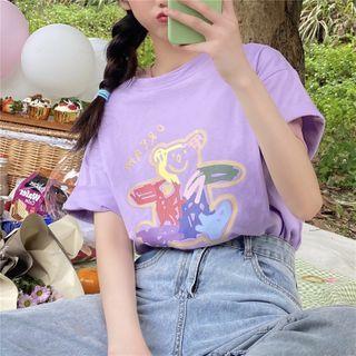Elbow-sleeve Bear Printed T-shirt
