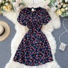 Cutout Lace-up Strap Round-neck Floral Dress