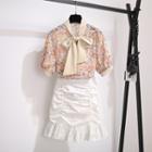 Floral Print Tie-neck Elbow-sleeve Blouse / Ruched Mini A-line Skirt / Set