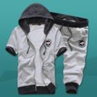 Set: Short-sleeve Embroidered Hooded Jacket + Cropped Sweatpants