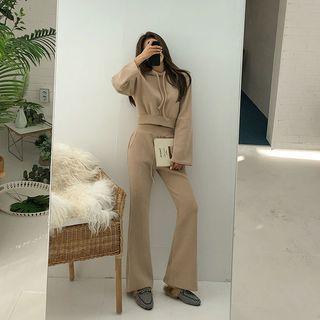 Knit Set : Cropped Hoodie + Boot-cut Pants