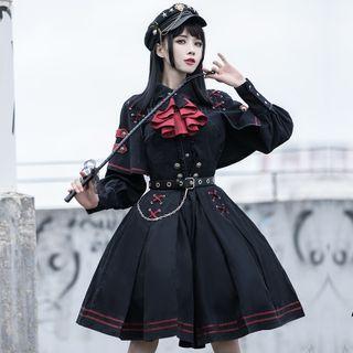 Set: Ruffle Trim Shirt + A-line Skirt + Neck Tie + Belt