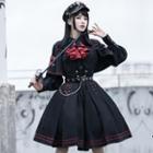 Set: Ruffle Trim Shirt + A-line Skirt + Neck Tie + Belt
