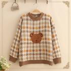 Bear Patch Round-neck Sweater As Shown In Figure - One Size