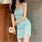 Tie-shoulder Ribbed Mini A-line Dress