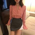 Plain Long-sleeve Blouse / Color-block A-line Skirt