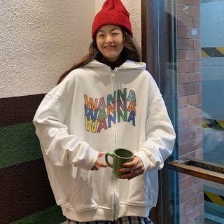 Lettering Unicorn Print Zip-up Hoodie
