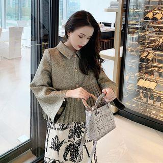 Flared-sleeve Button Coat / Printed Midi A-line Skirt