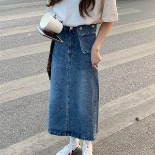 Slit-back Midi Denim A-line Skirt