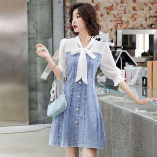 Bow-neck Panel Denim Mini A-line Dress