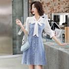 Bow-neck Panel Denim Mini A-line Dress