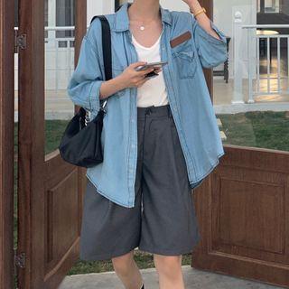 Elbow-sleeve Denim Shirt / High-waist Straight-cut Shorts