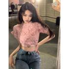 Short-sleeve Flower-accent Cropped Knit Top Pink - One Size
