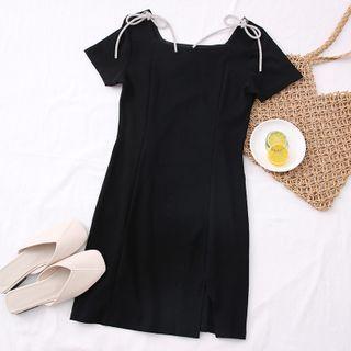 Rhinestone-ribbon Slited Mini Dress