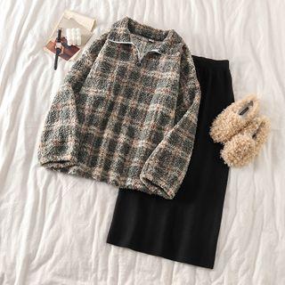 Plaid Fleece Long-sleeve Loose-fit Pullover / Plain Knit Skirt