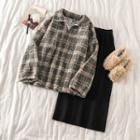 Plaid Fleece Long-sleeve Loose-fit Pullover / Plain Knit Skirt