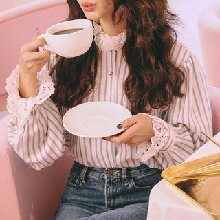 Lace Trim Striped Long-sleeve Shirt