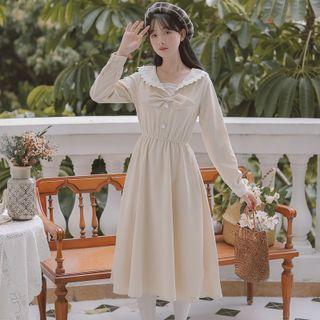 Lace Trim Collar Bow Midi A-line Dress