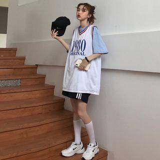 Lettering Tank Top / Elbow-sleeve Crew-neck T-shirt