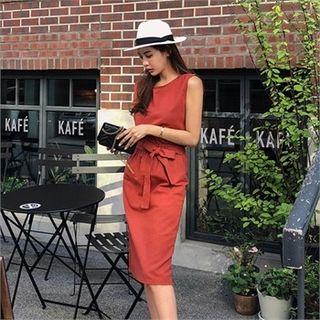 Set: Linen Blend Tank Top + Beribboned Midi Skirt