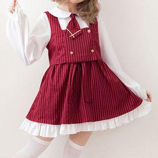 Striped Panel Collared Long Sleeve A-line Dress