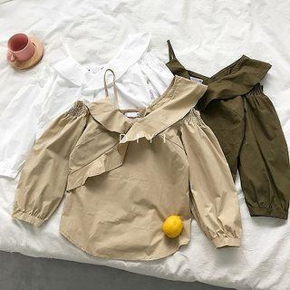 Plain V-neck Off-shoulder Ruffled-trim Blouse