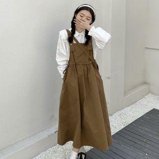 Plain Midi A-line Overall Dress / Ruffle Trim Blouse