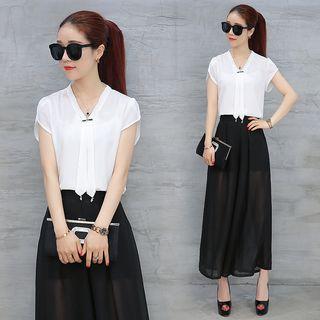 Set: Petal-sleeve Chiffon Top + Wide-leg Pants