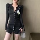 Long-sleeve Open-back Dress Black - One Size