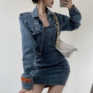 Set: Cropped Denim Jacket + Spaghetti Strap Denim Mini Bodycon Dress
