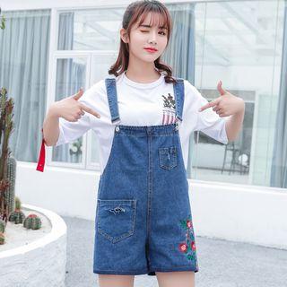 Floral Embroidered Denim Dungaree Shorts